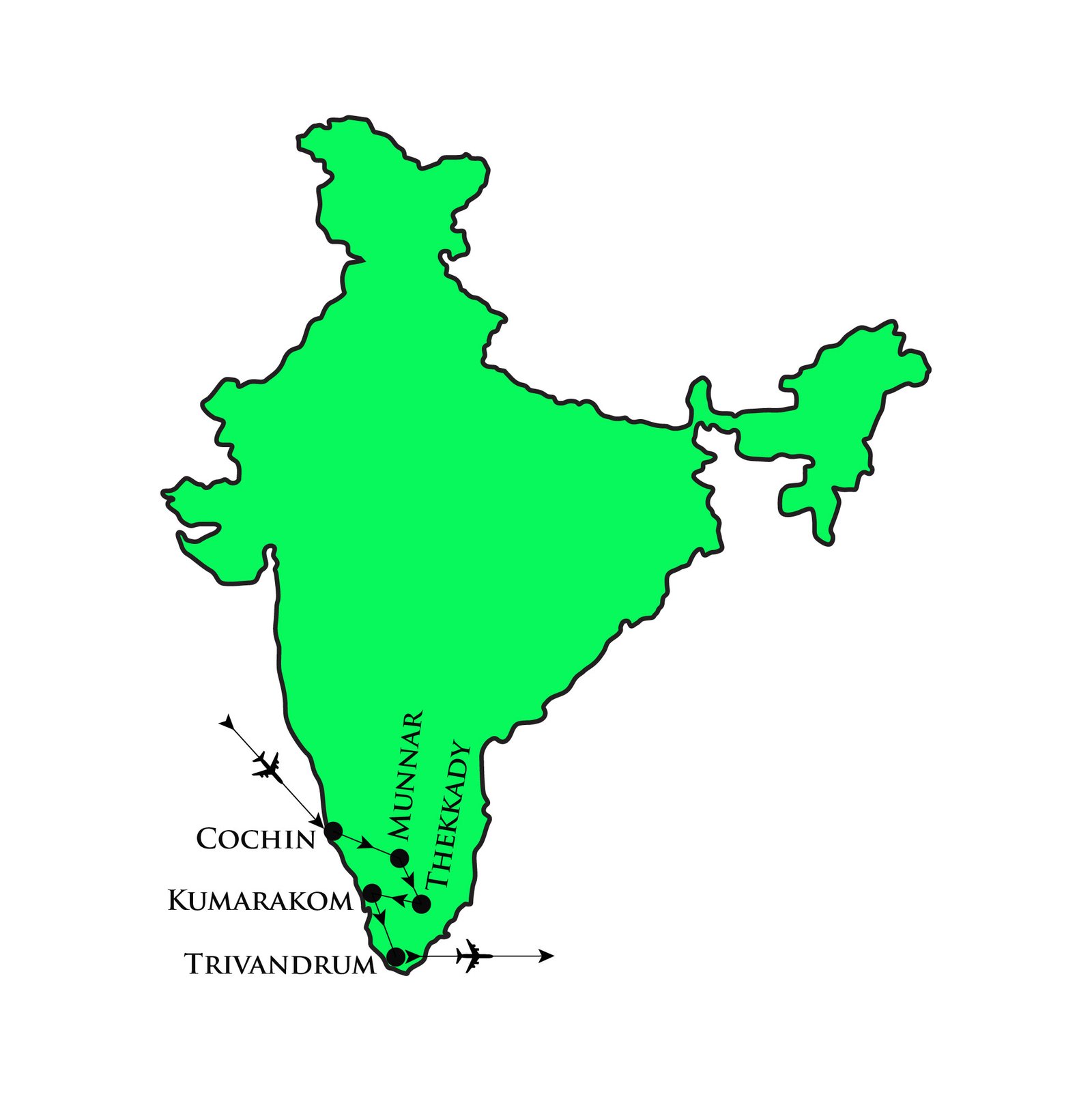 Map of Kerala itinerary